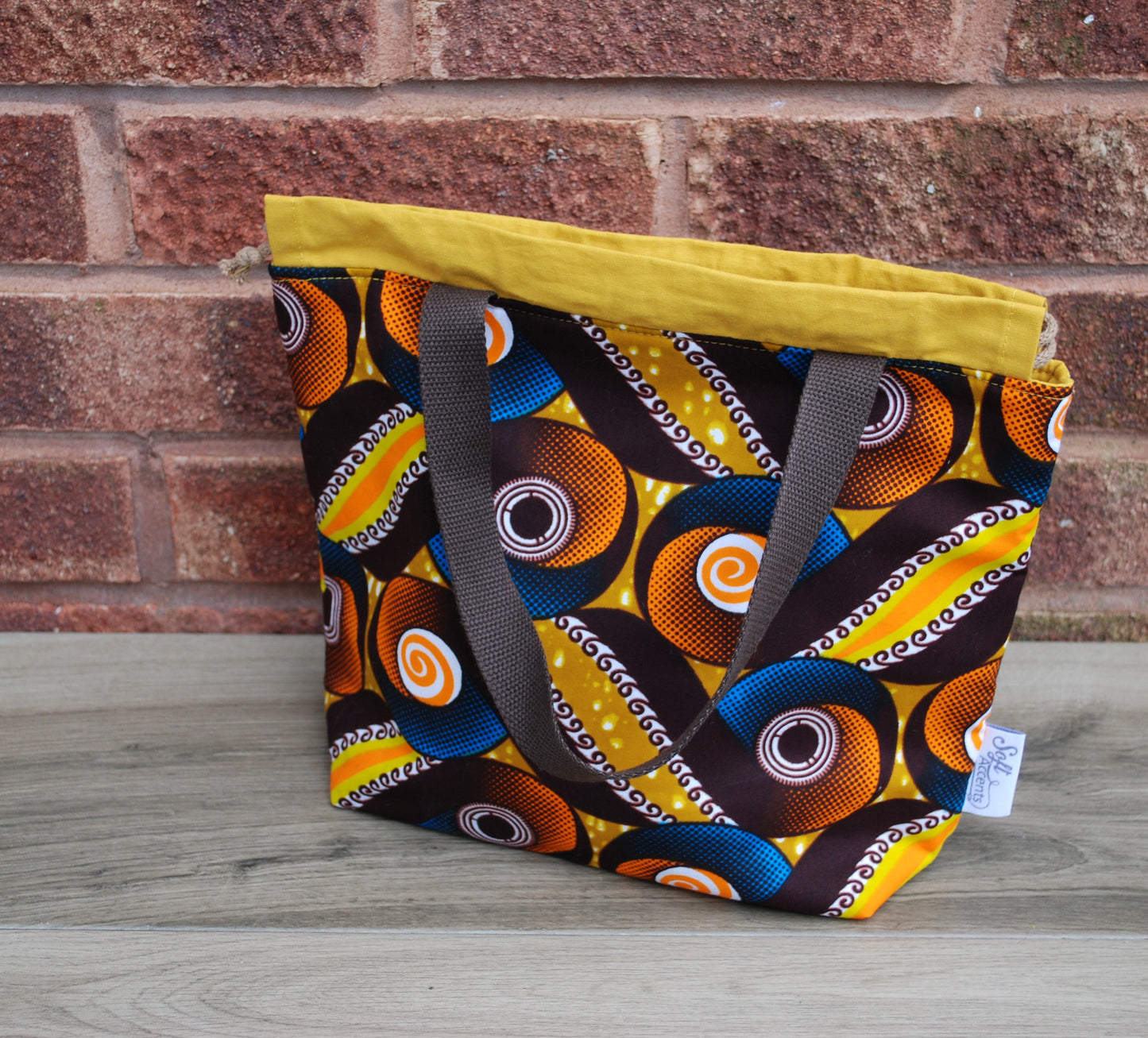 Medium Farai Project Bag Yellow, Orange, & Brown Abstract African Print Fabric