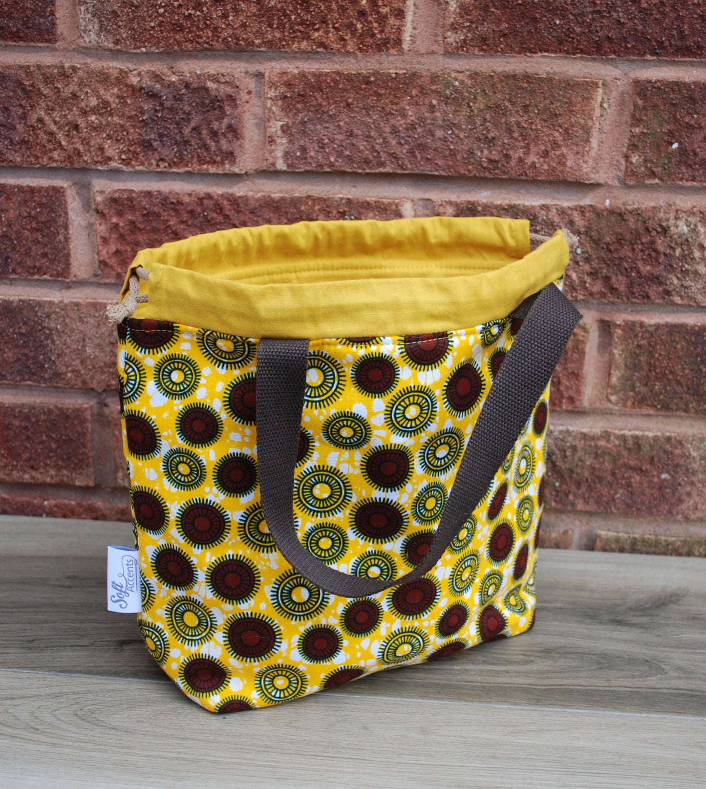 Medium Farai Yellow Copper Brown African Print Fabric Project Bag