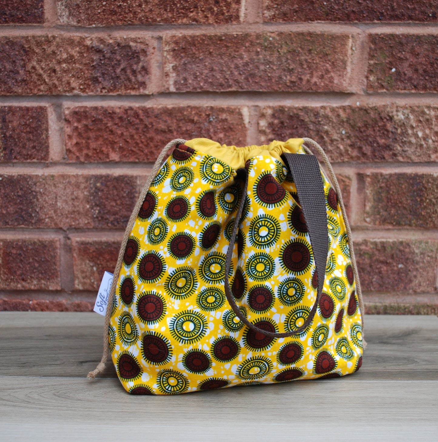 Medium Farai Yellow Copper Brown African Print Fabric Project Bag