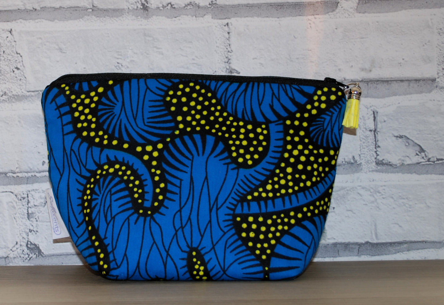 Blue Yellow African Print fabric medium zipper pouch Makeup Bag