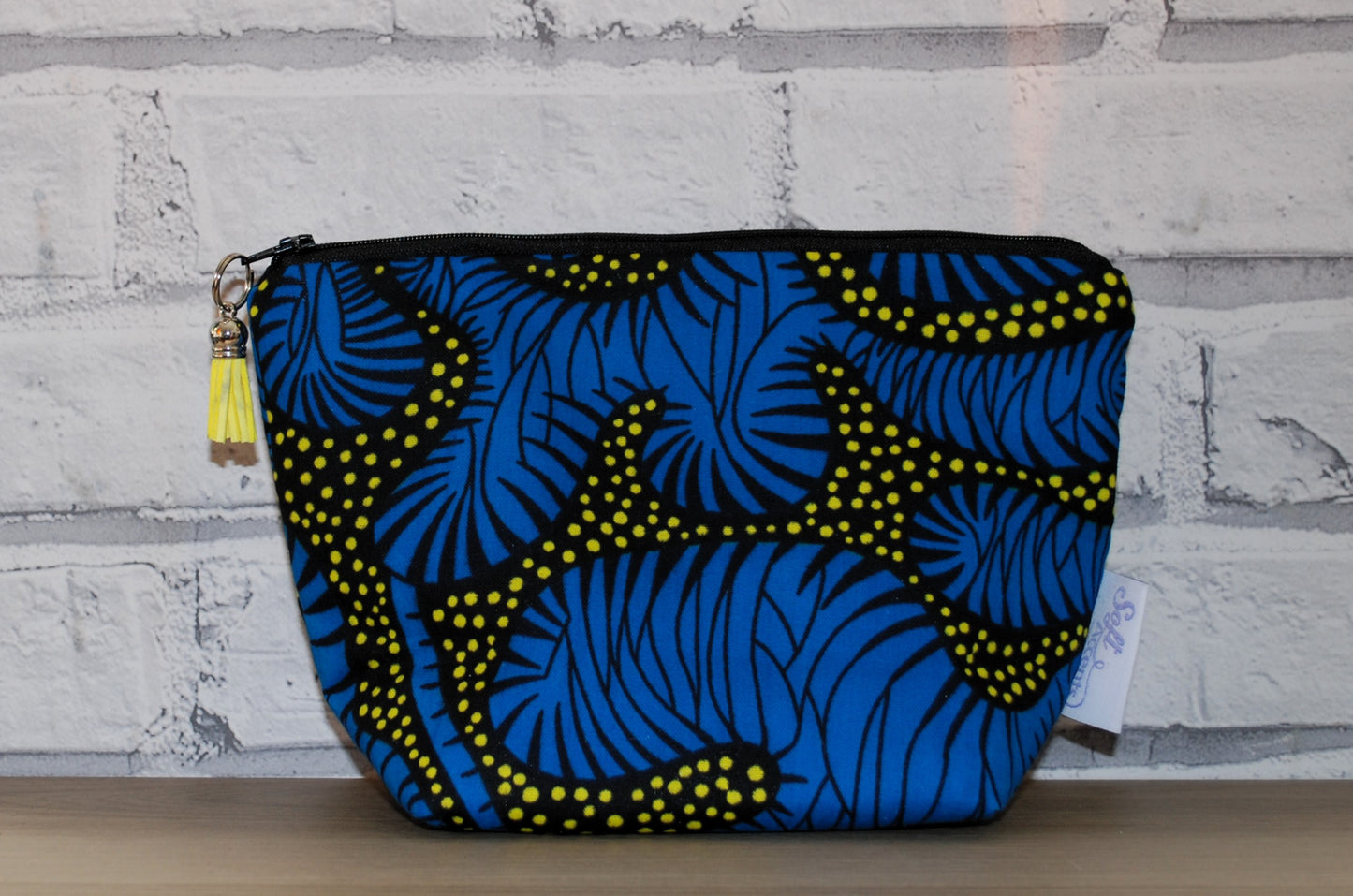 Blue Yellow African Print fabric medium zipper pouch Makeup Bag