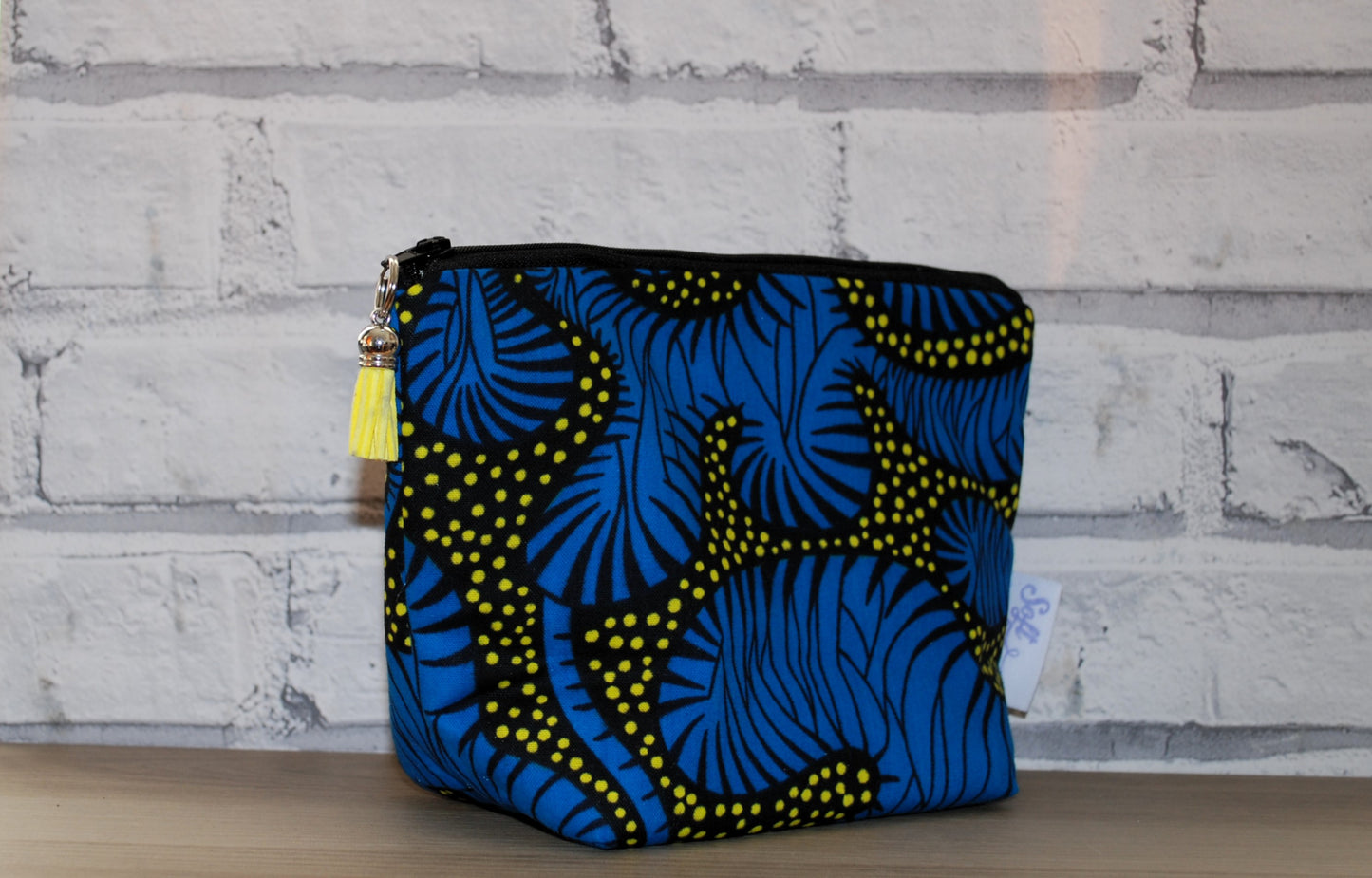 Blue Yellow African Print fabric medium zipper pouch Makeup Bag