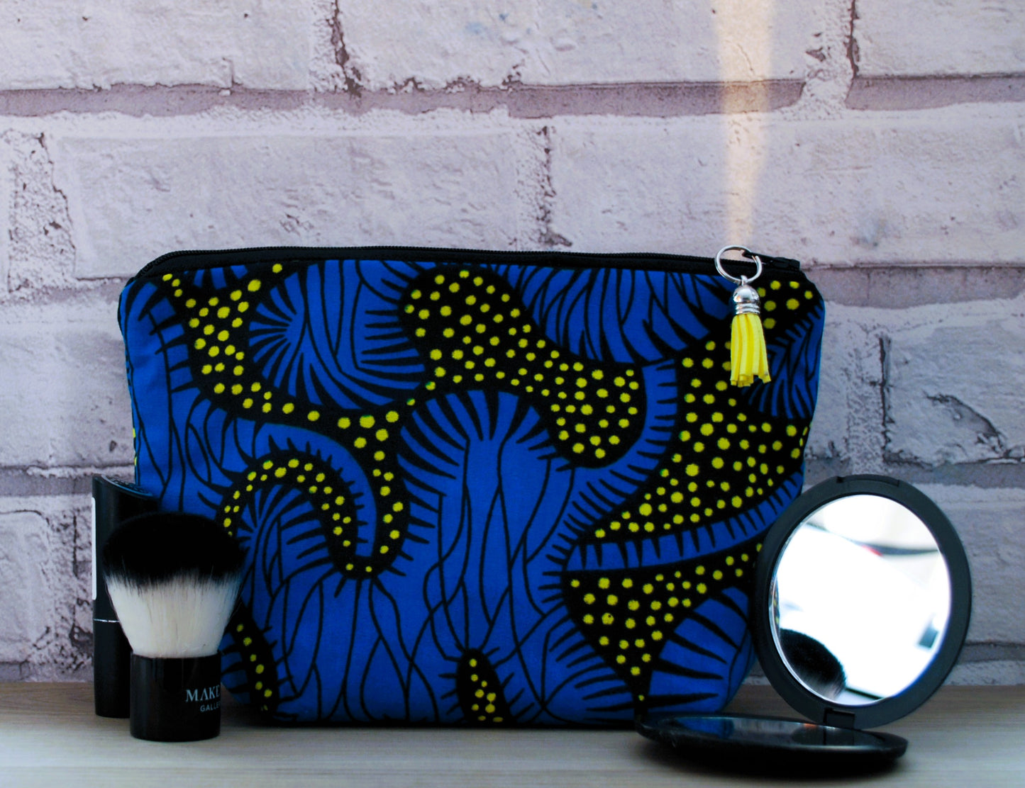 Blue Yellow African Print fabric medium zipper pouch Makeup Bag