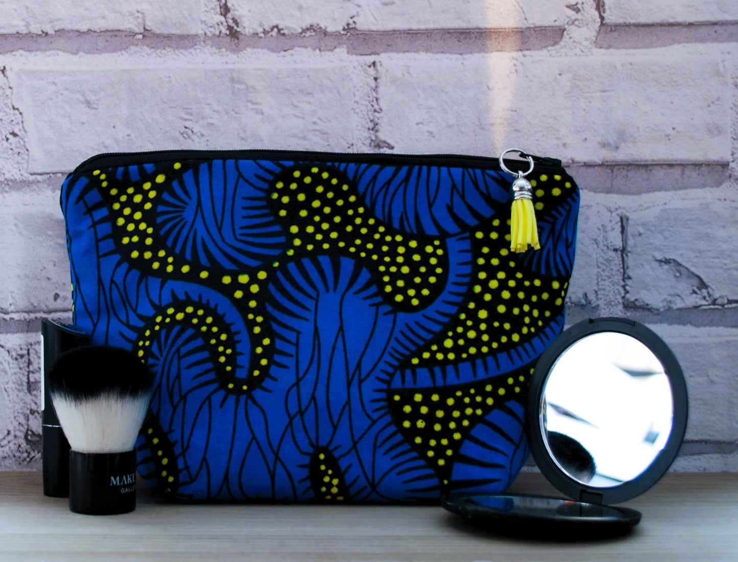 Blue Yellow African Print fabric medium zipper pouch Makeup Bag