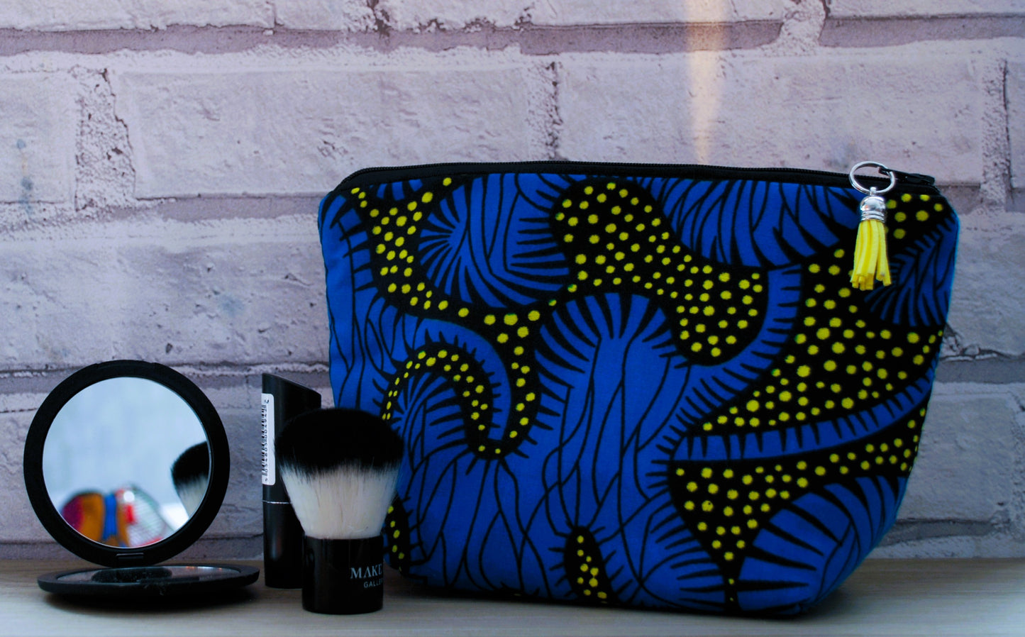 Blue Yellow African Print fabric medium zipper pouch Makeup Bag