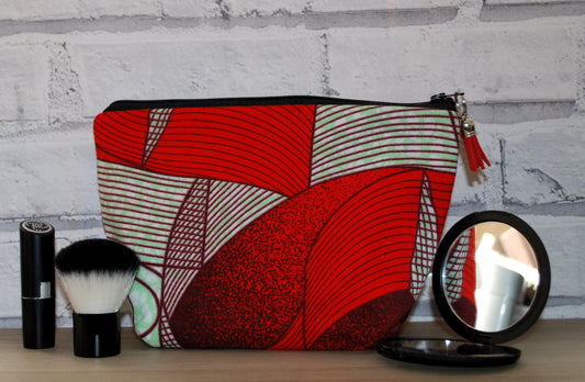 Red Green Abstract African Print fabric medium zipper pouch Makeup Bag